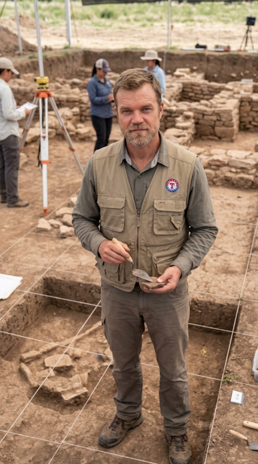Landry Philpot standing in an excavation site holding a trowel